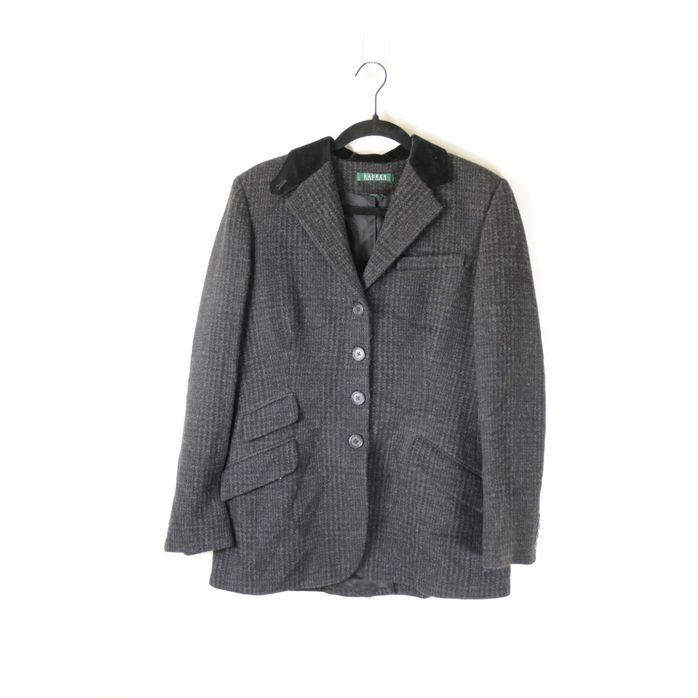Lauren Ralph Lauren Grey Herringbone Wool Blend Blazer Velvet Collar‎ Women's 10